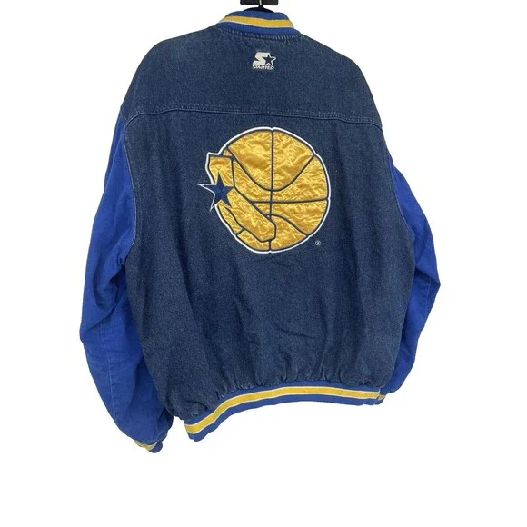 Rare VTG 90s Starter NBA Varsity Golden State Warriors Denim Jean Jacket Quilted - Picture 5 of 14